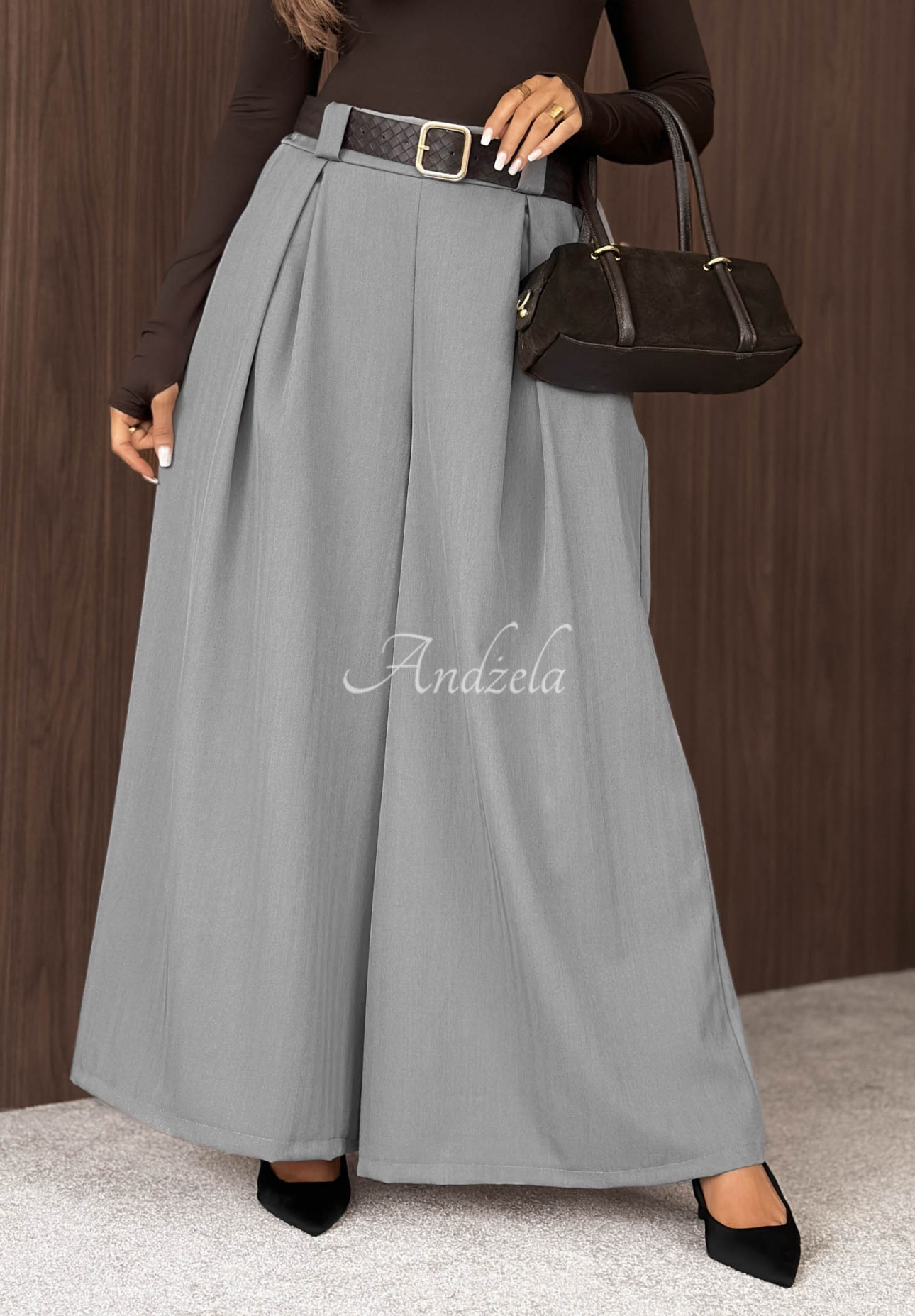Pantaloni din material textil wide leg cu curea Simple Elegance