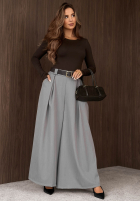 din material textil Pantaloni wide leg z paskiem Simple Elegance negre
