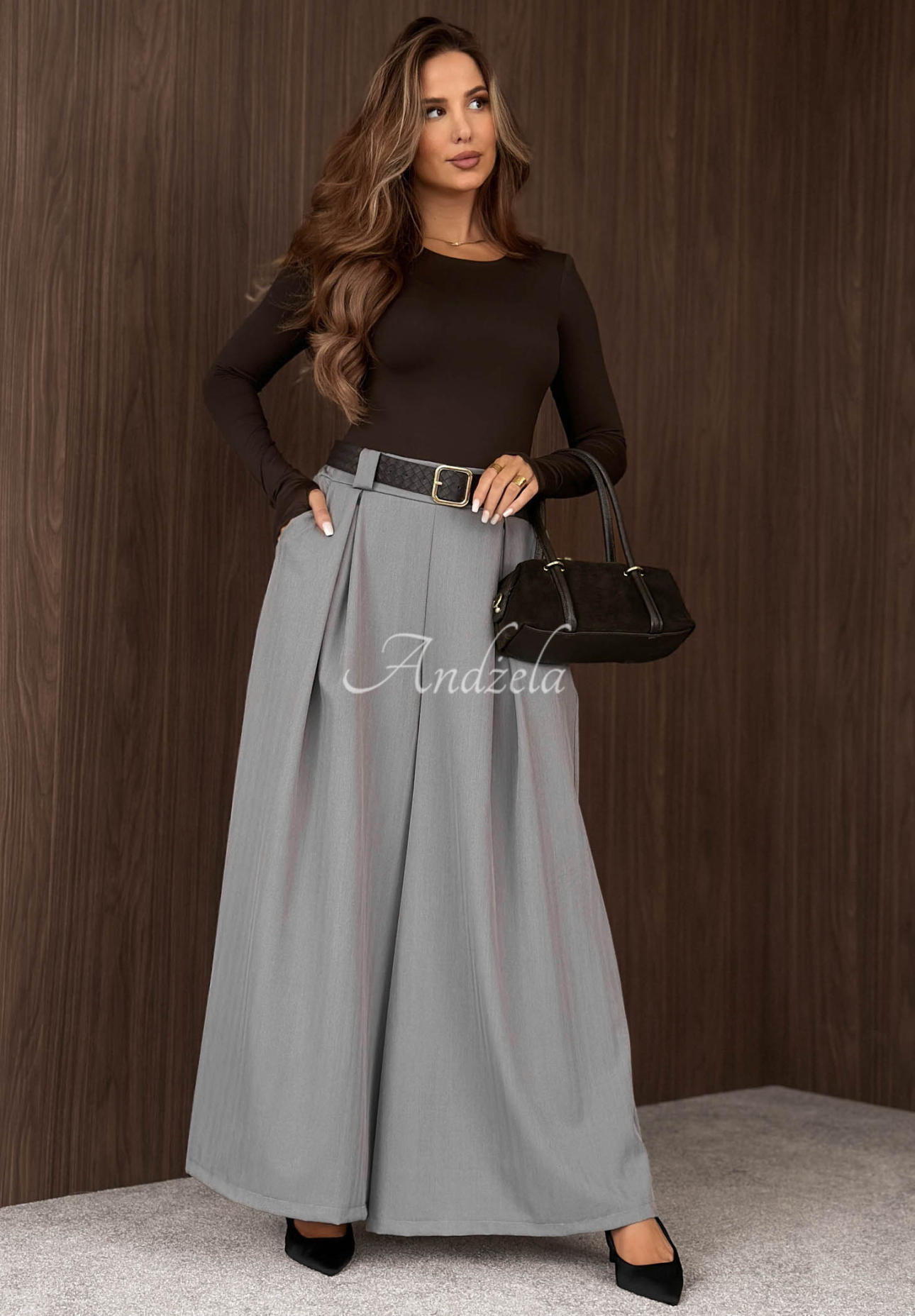 Pantaloni din material textil wide leg cu curea Simple Elegance