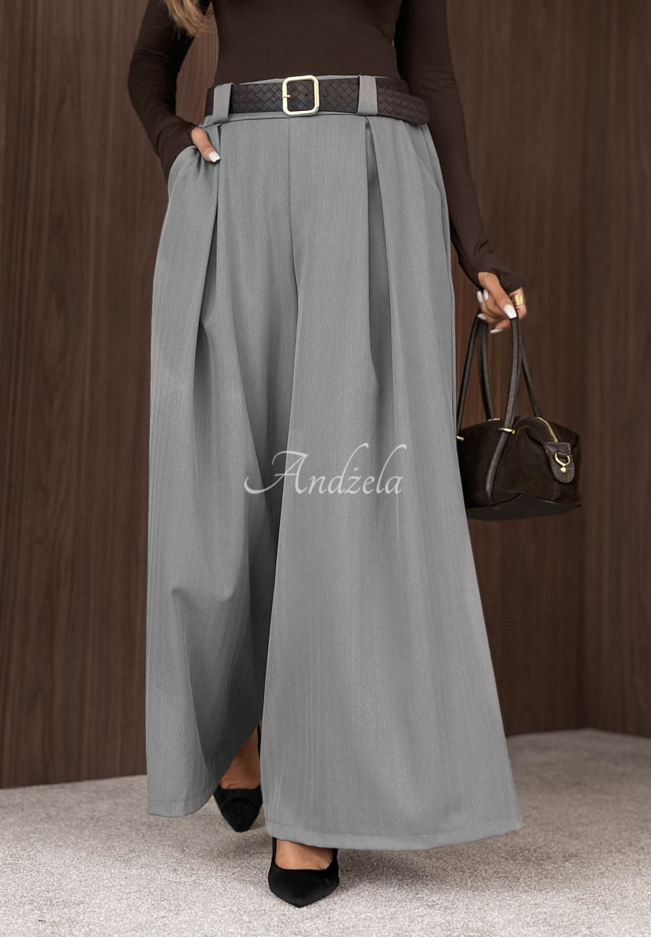 Pantaloni din material textil wide leg cu curea Simple Elegance
