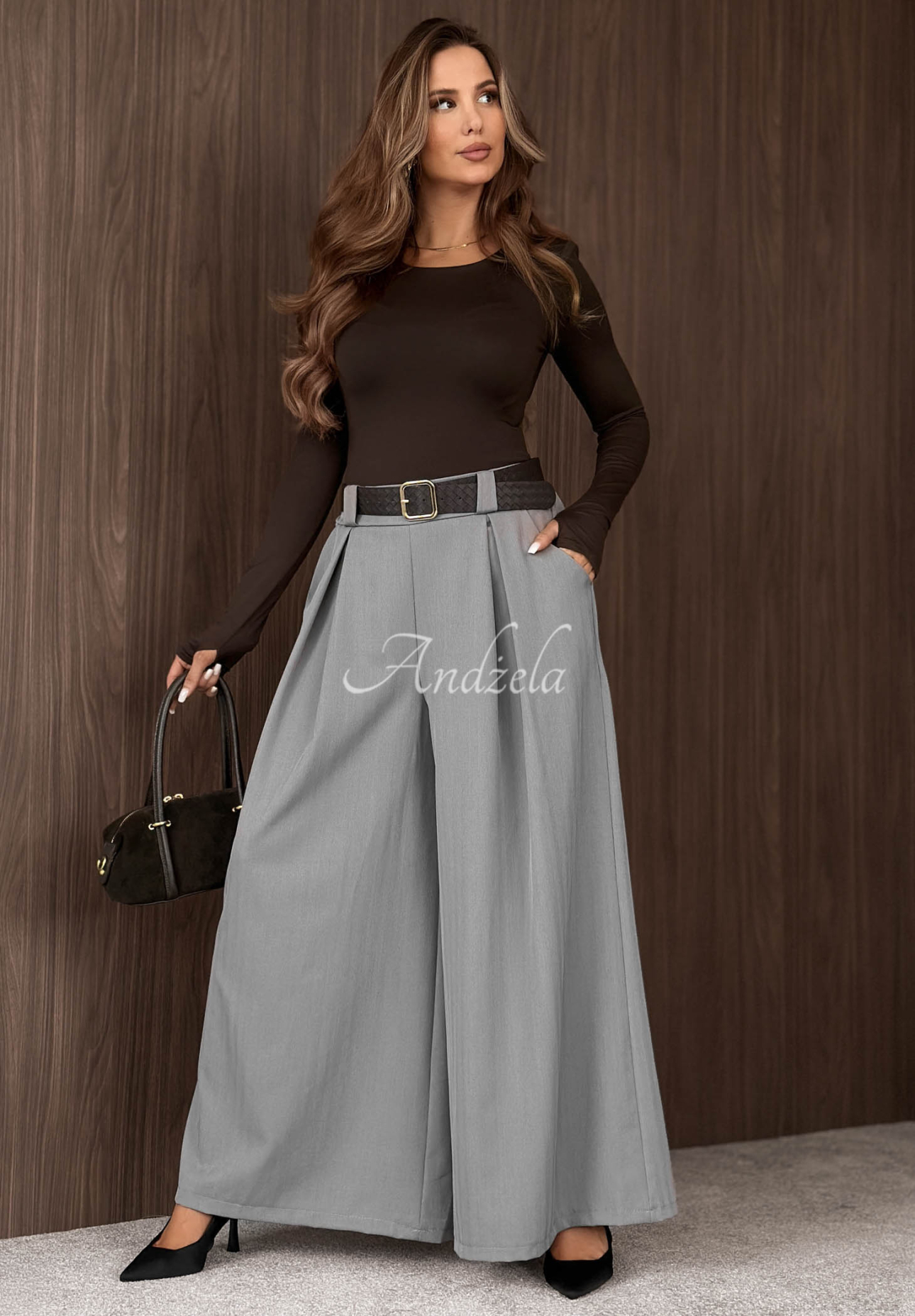 Pantaloni din material textil wide leg cu curea Simple Elegance
