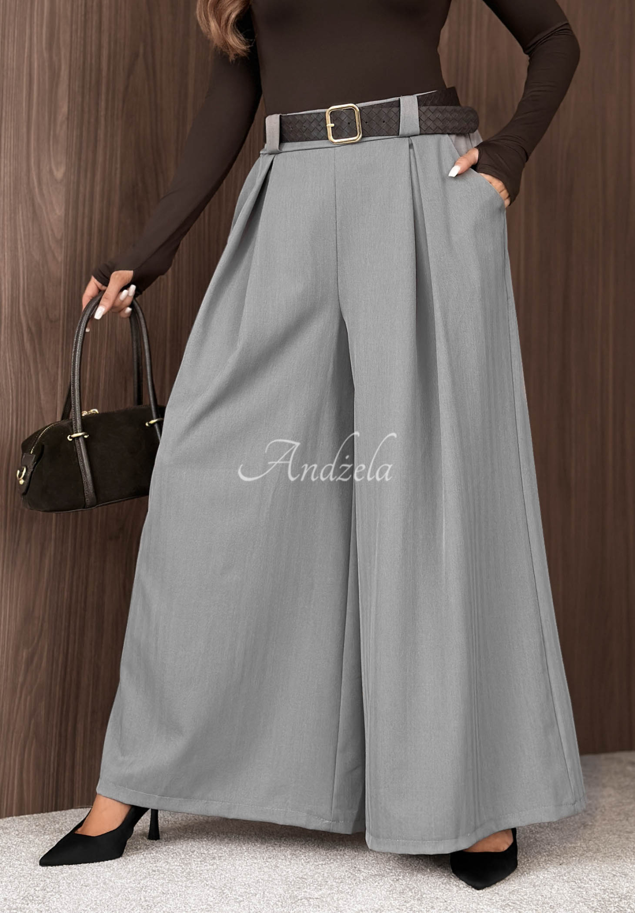 Pantaloni din material textil wide leg cu curea Simple Elegance