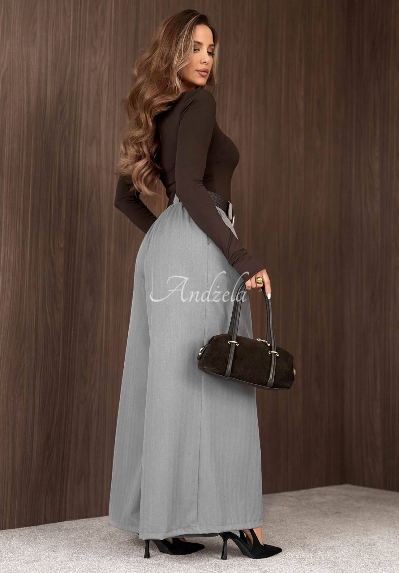 Pantaloni din material textil wide leg cu curea Simple Elegance