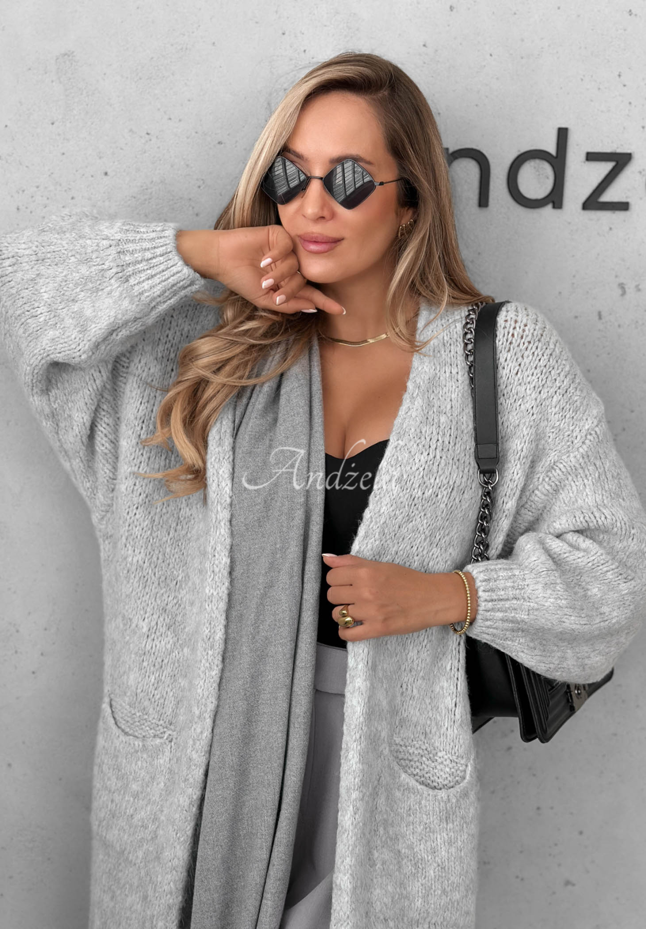 Cardigan lung oversize cu buzunare, din lână și vâscoză November Walk