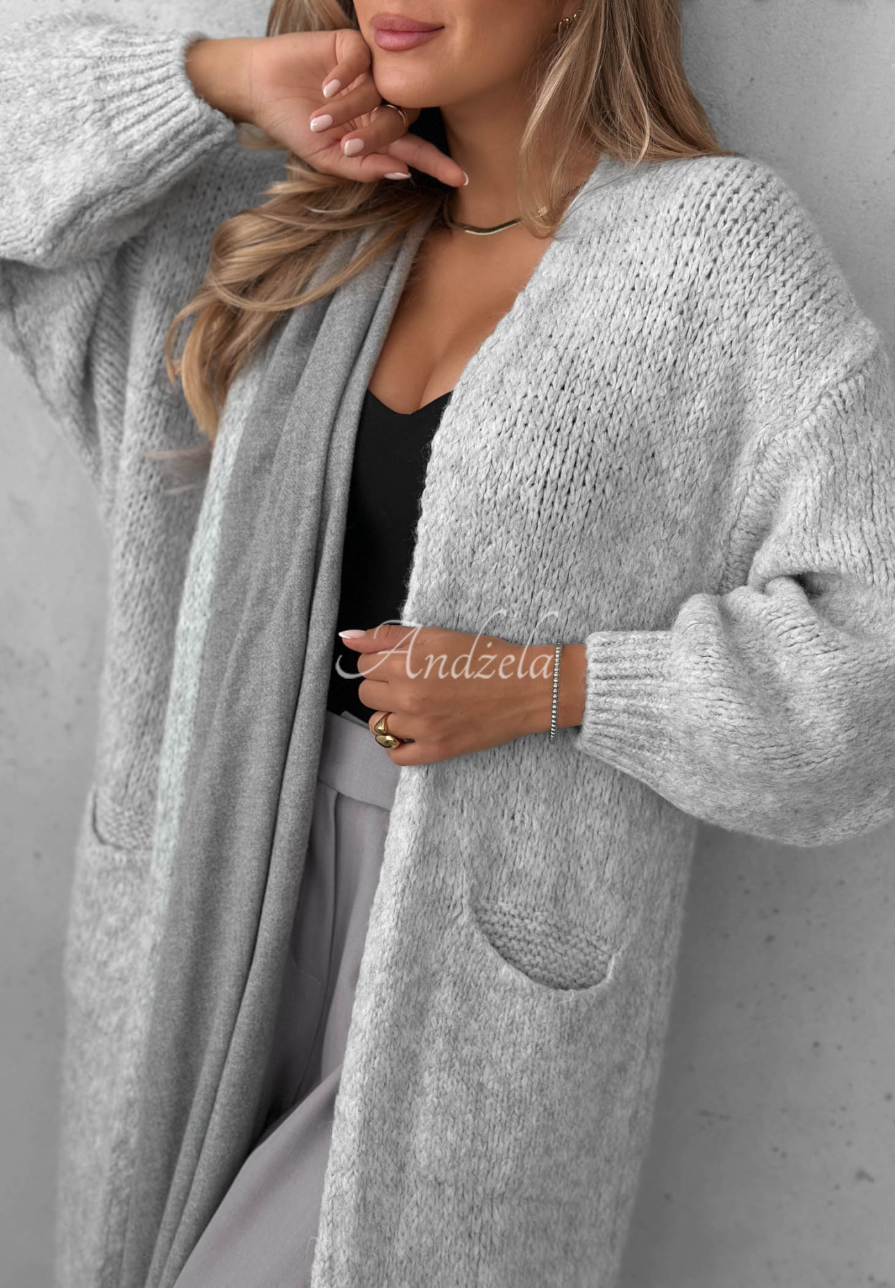 Cardigan lung oversize cu buzunare, din lână și vâscoză November Walk