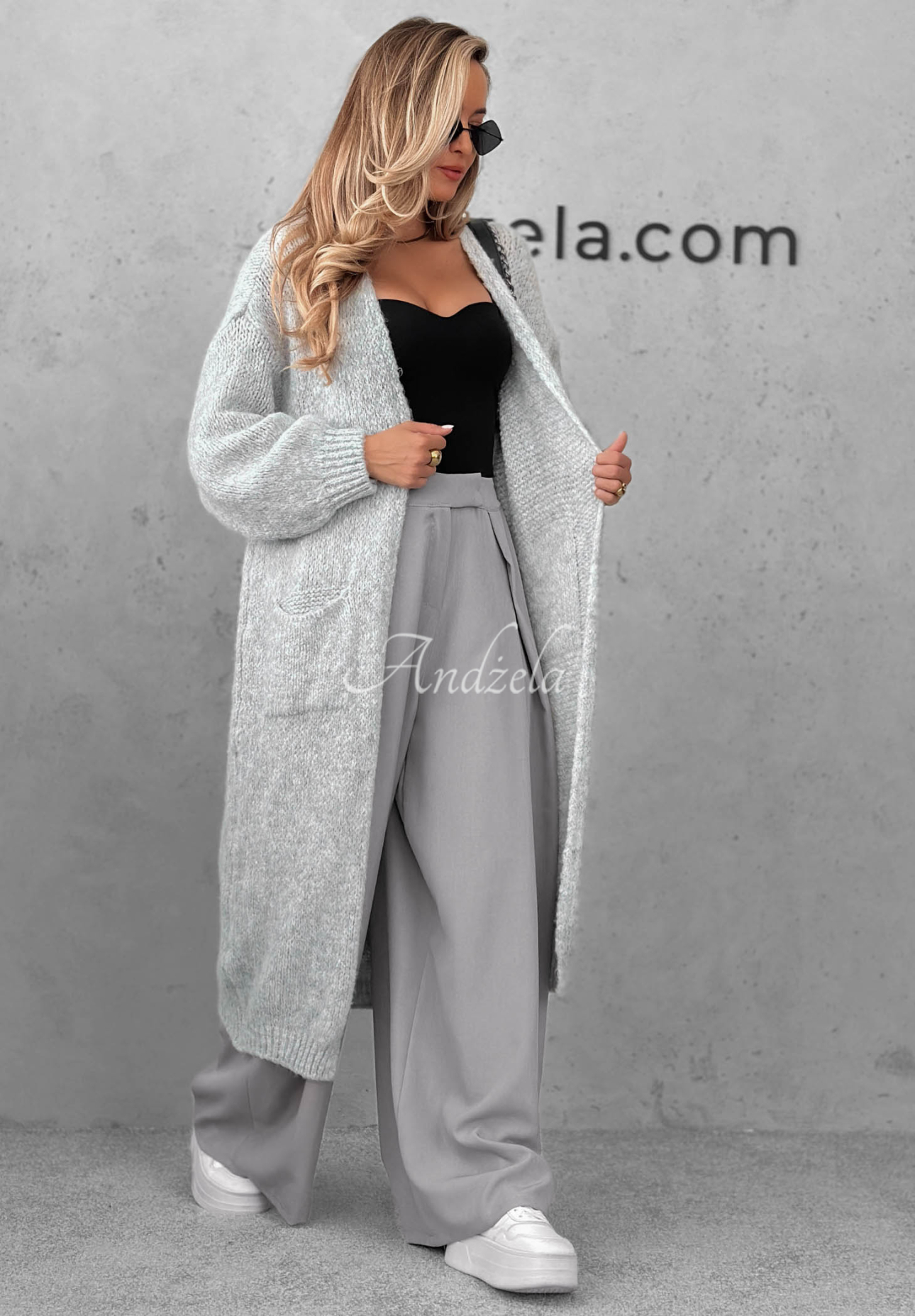 Cardigan lung oversize cu buzunare, din lână și vâscoză November Walk