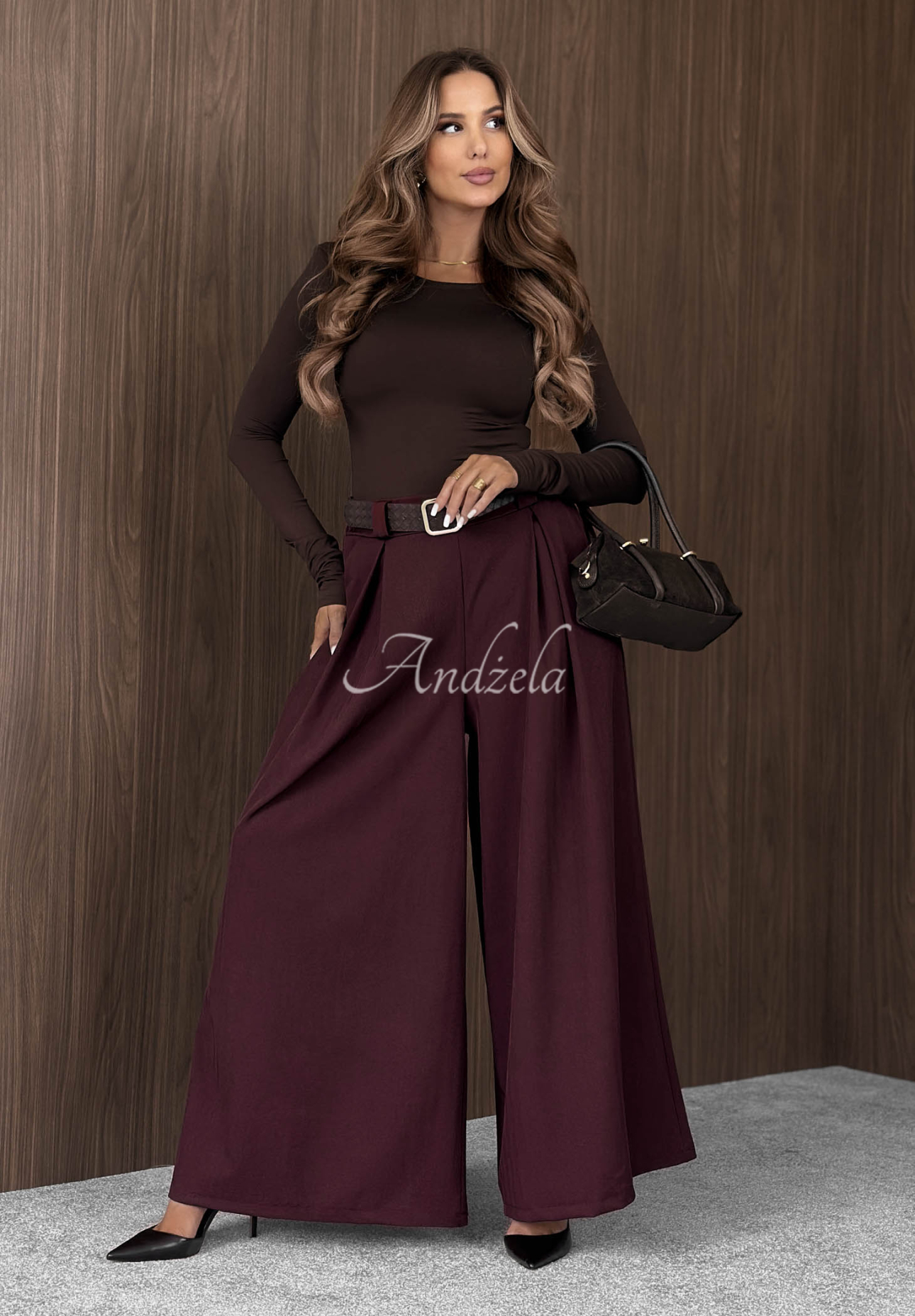 Pantaloni din material textil wide leg cu curea Simple Elegance
