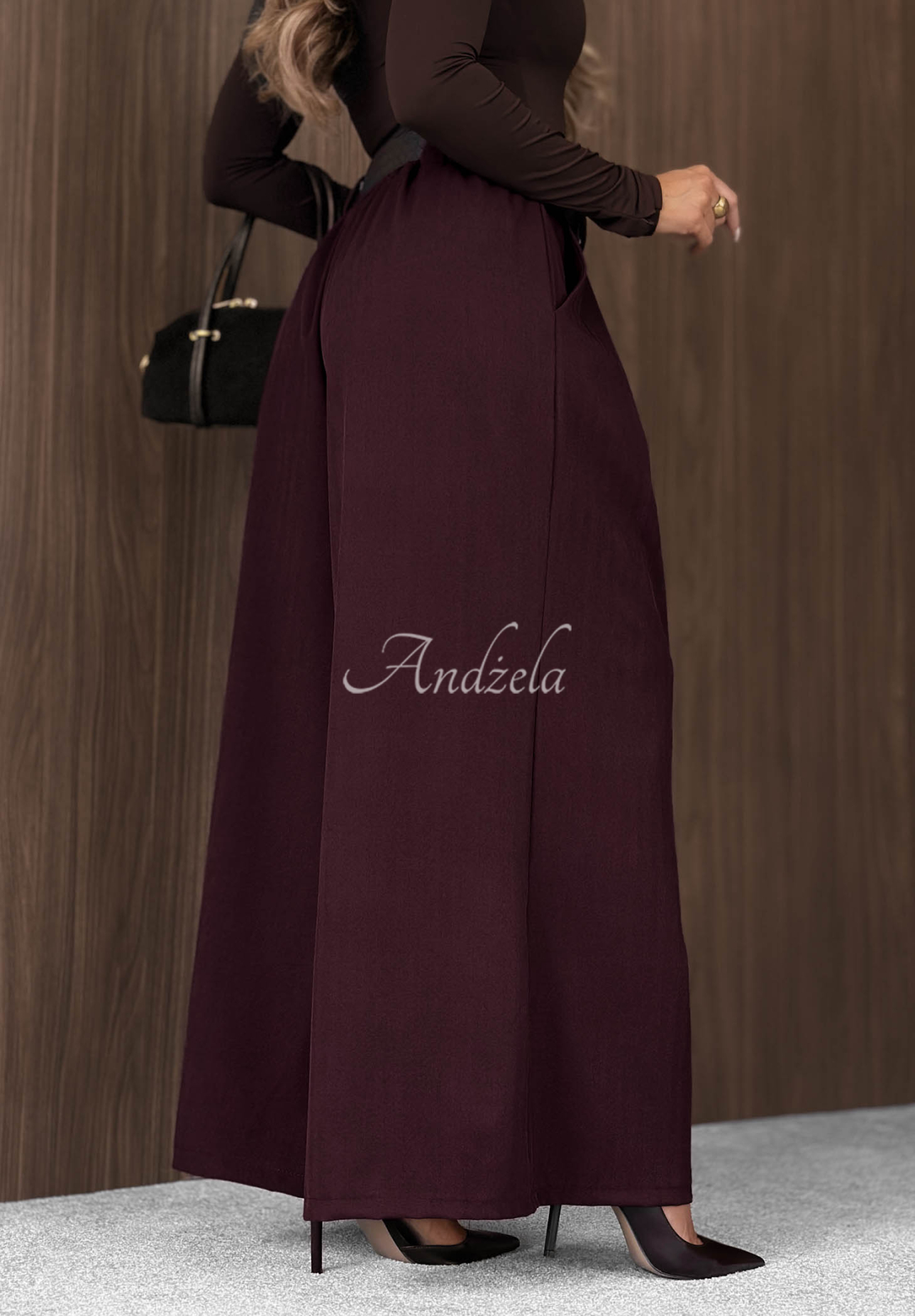 Pantaloni din material textil wide leg cu curea Simple Elegance