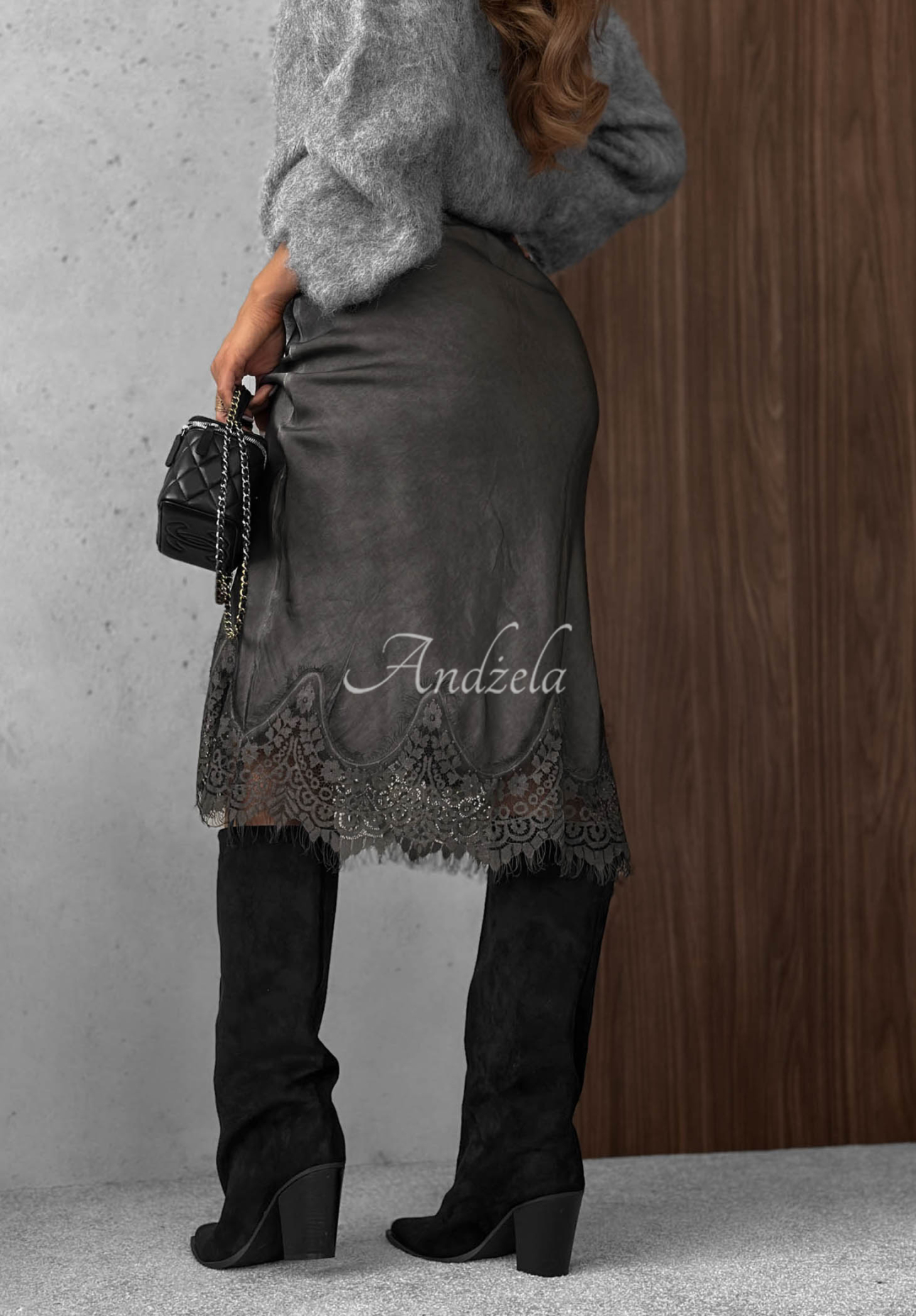 Fustă din satin și vâscoză cu dantelă Subtle Lace