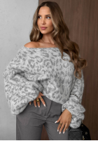Miękki Pulover cu model tip panteră Fluffy Wild gri