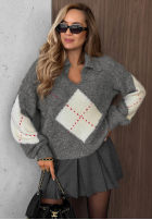 Pulover w romby z kołnierzem Late Romance gri