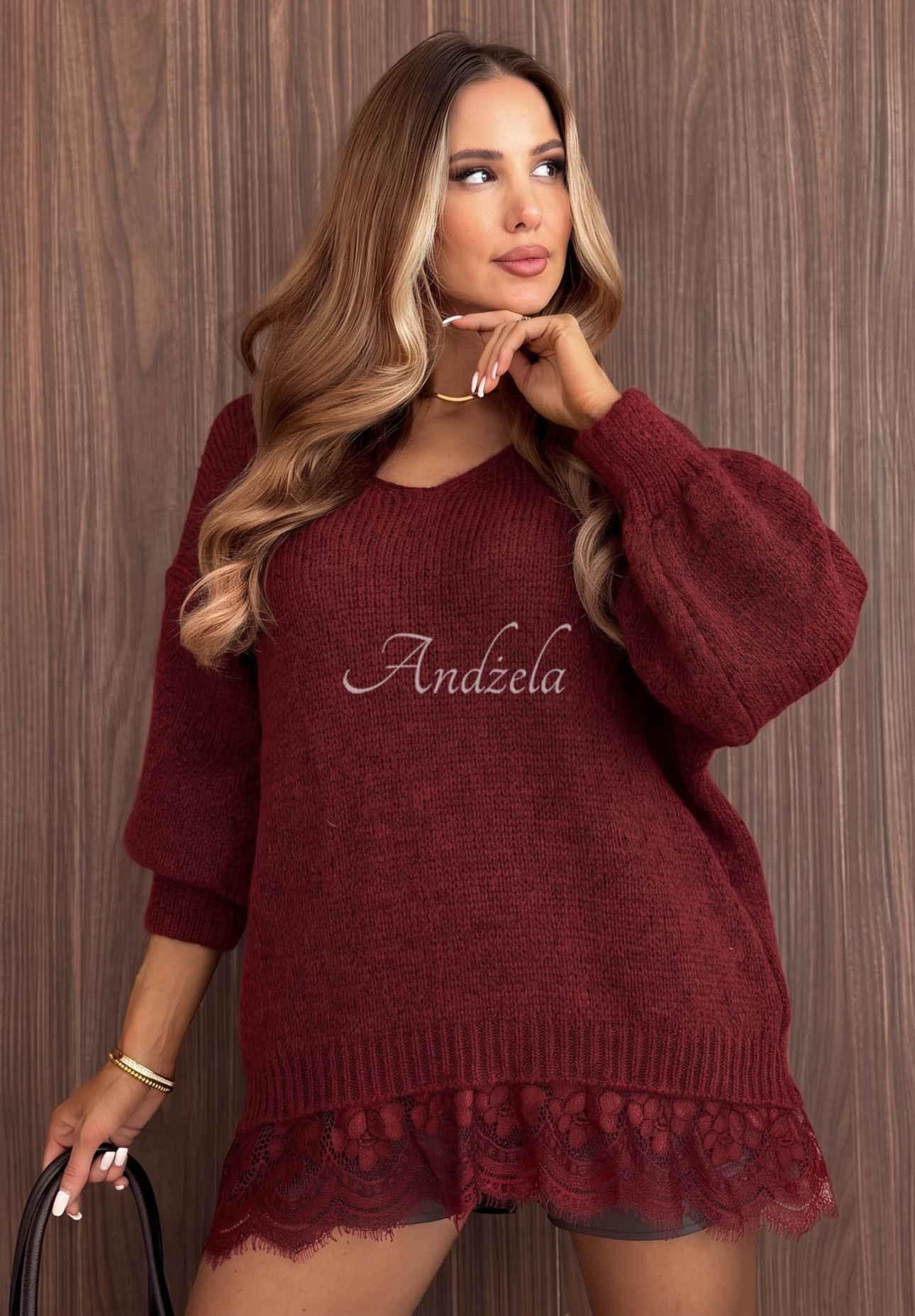 Pulover oversize cu dantelă, lână și vâscoză Dusky Clouds