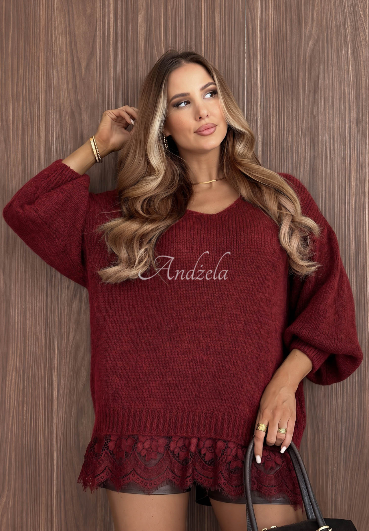 Pulover oversize cu dantelă, lână și vâscoză Dusky Clouds