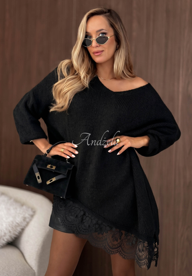 Pulover asimetric cu dantelă, din l&acirc;nă și v&acirc;scoză Sweet Seduction