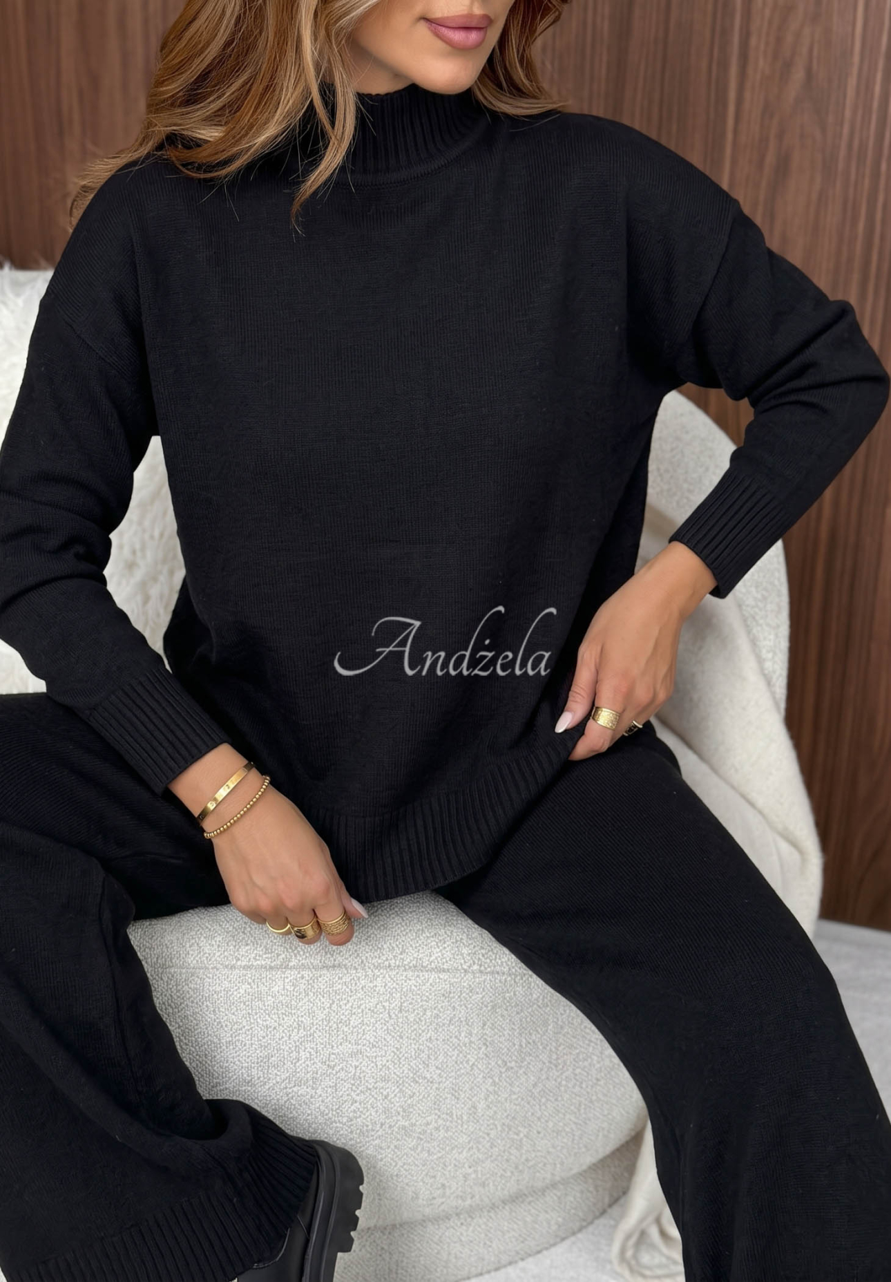 Set tricotat pulover și pantaloni wide leg January Snow