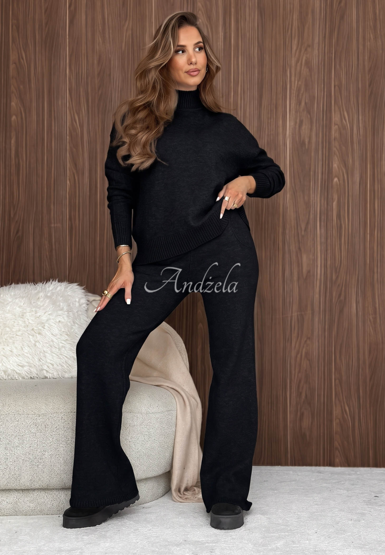 Set tricotat pulover și pantaloni wide leg January Snow