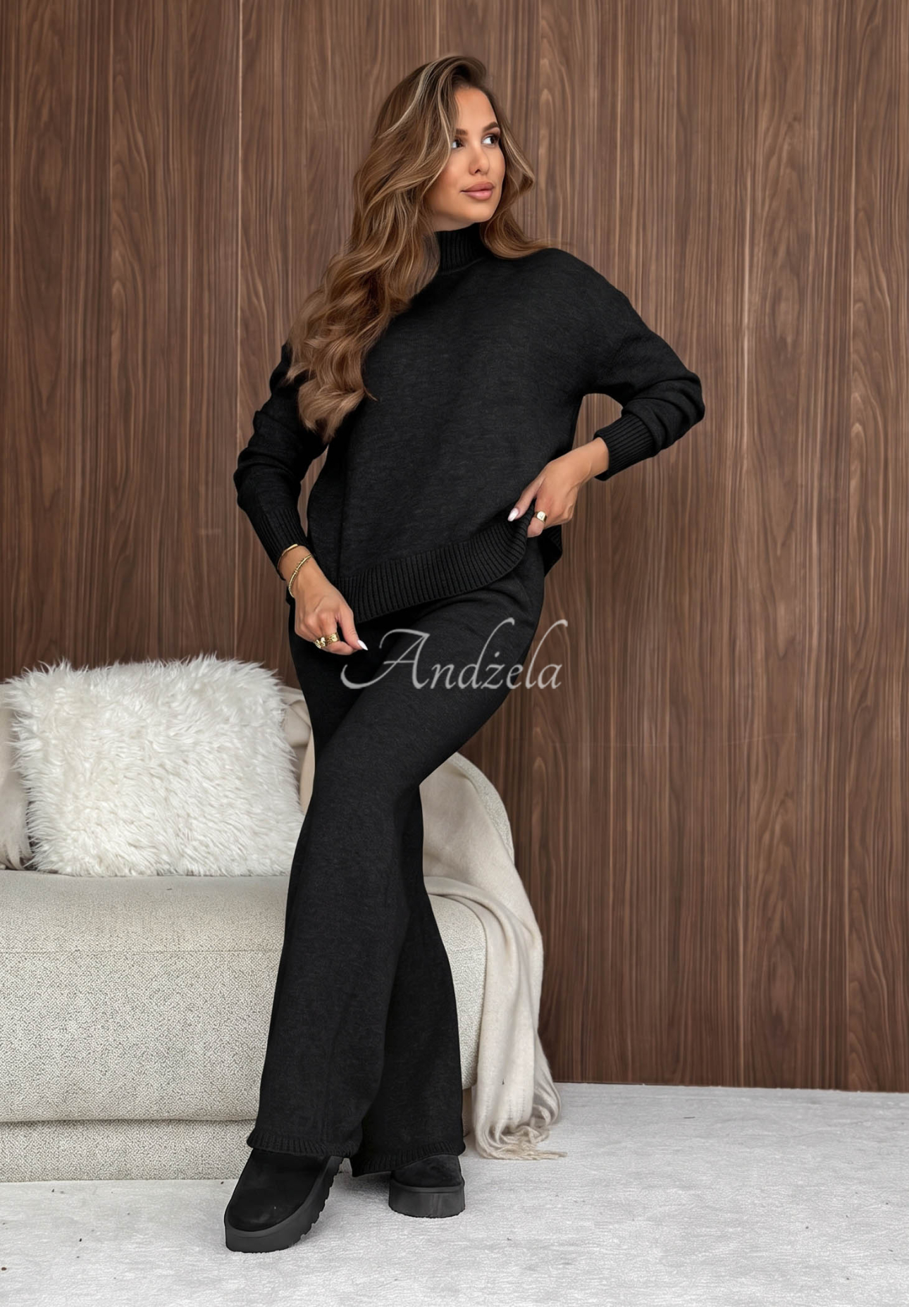 Set tricotat pulover și pantaloni wide leg January Snow