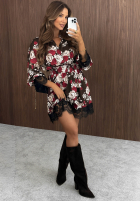 Kwiecista Rochie midi z koronką Honey Bloom czekoladowo-burgundowa