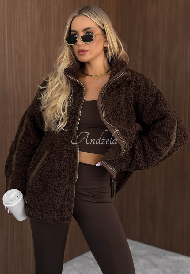 Geacă tip sherpa din imitație de l&acirc;nă de miel, cu guler &icirc;nalt Cozy Darling