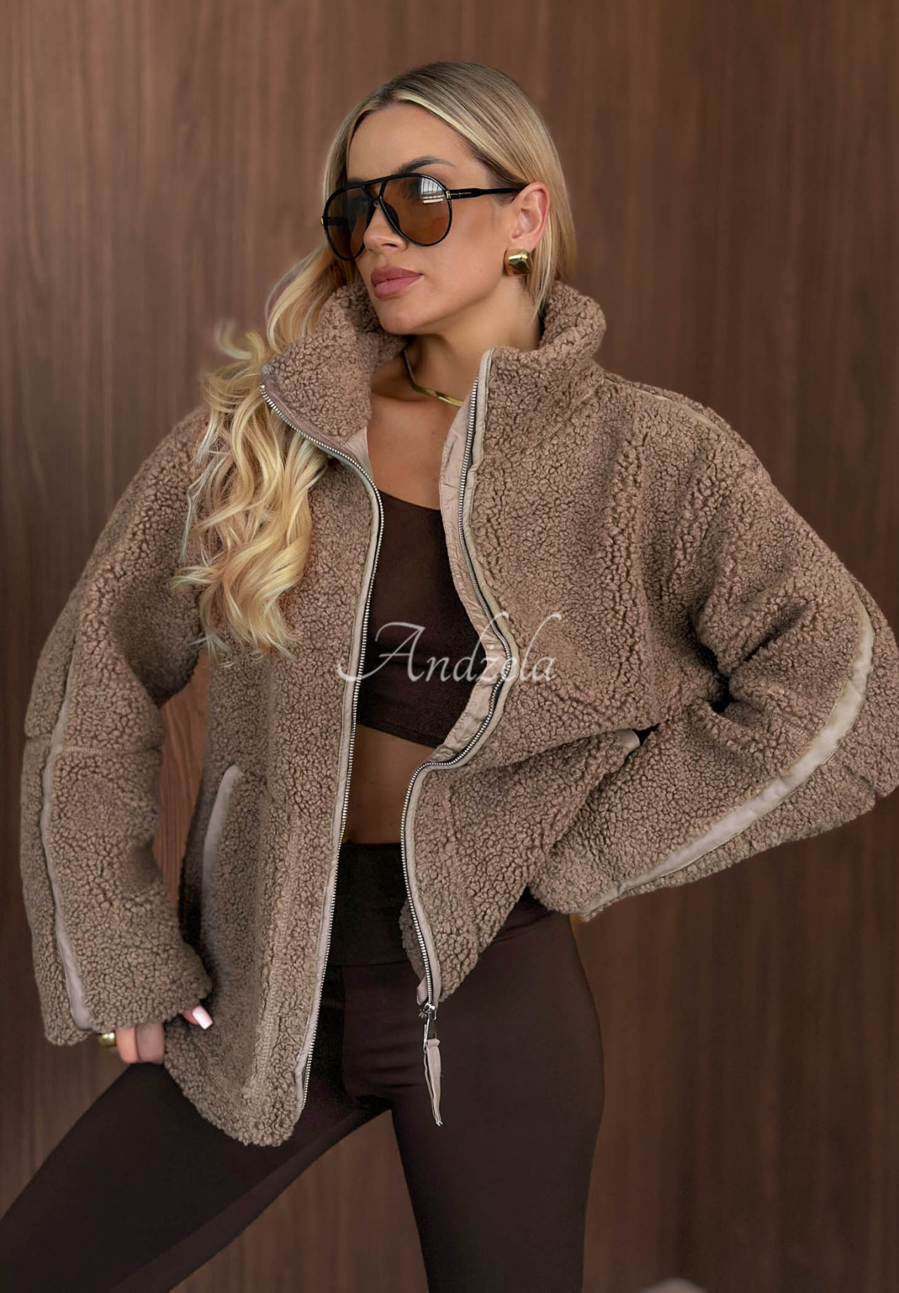 Geacă tip sherpa din imitație de lână de miel, cu guler înalt Cozy Darling