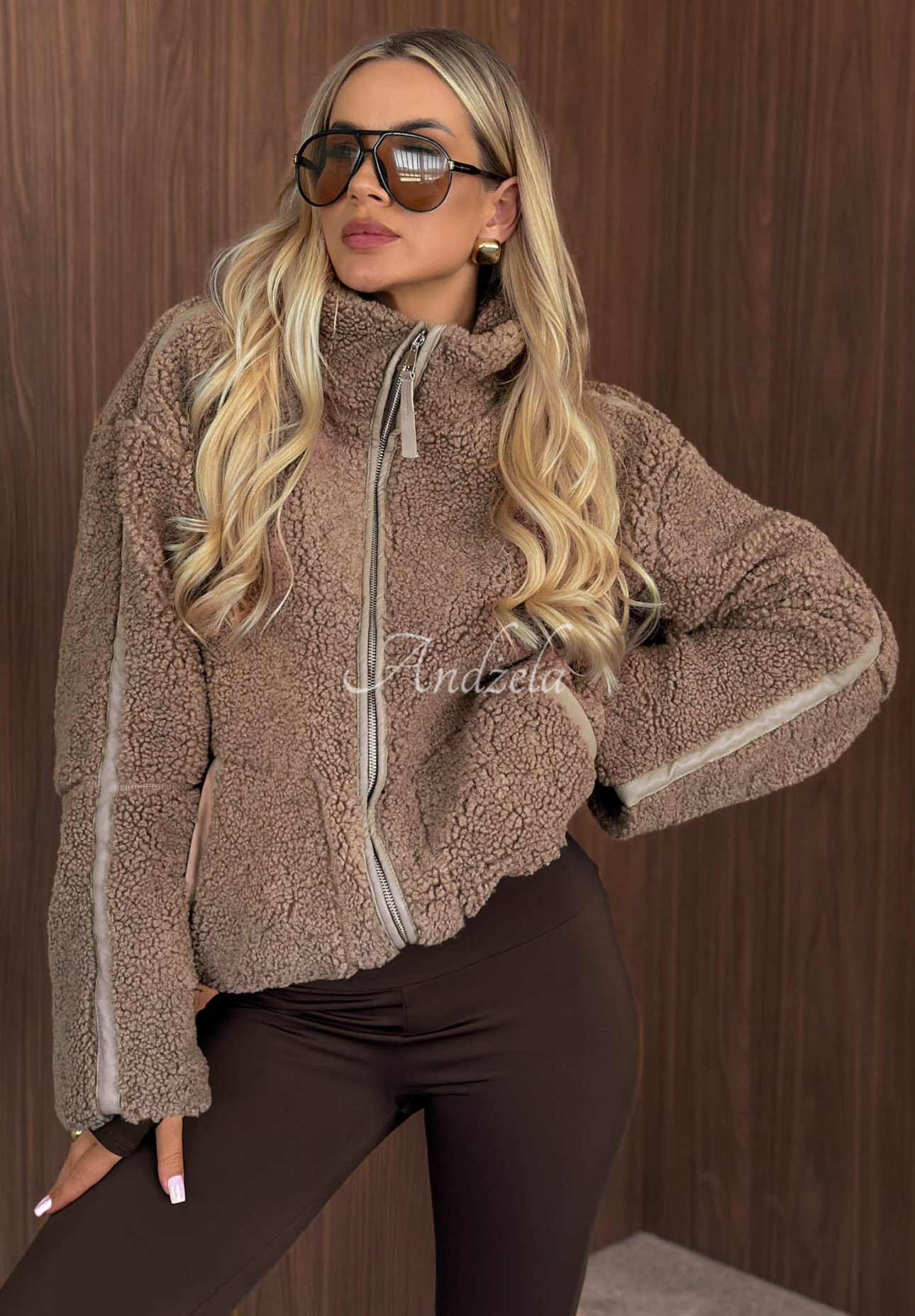 Geacă tip sherpa din imitație de lână de miel, cu guler înalt Cozy Darling