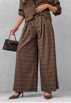 din material textil Pantaloni wide leg w kratę z paskiem Second Coffee ciocolatii