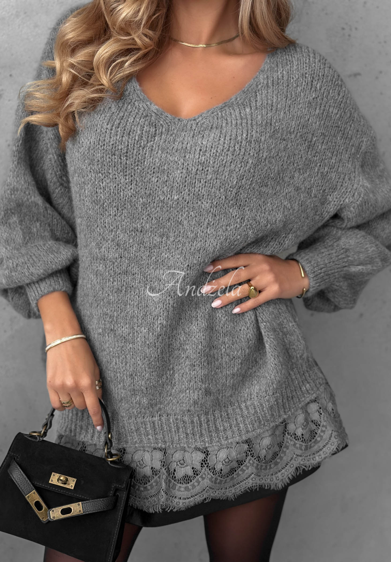 Pulover oversize cu dantelă, lână și vâscoză Dusky Clouds