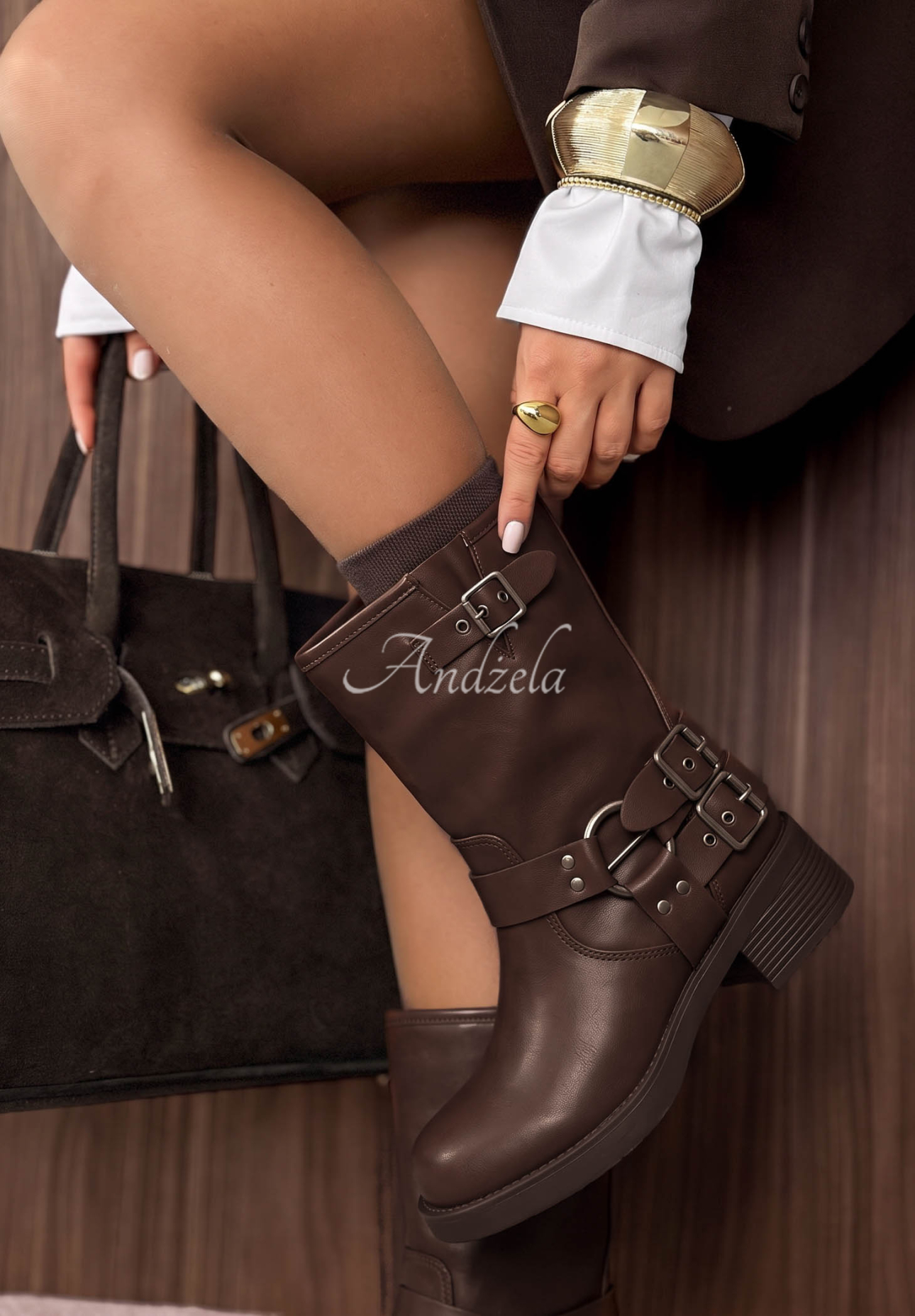 Botine biker din piele cu catarame October Rain