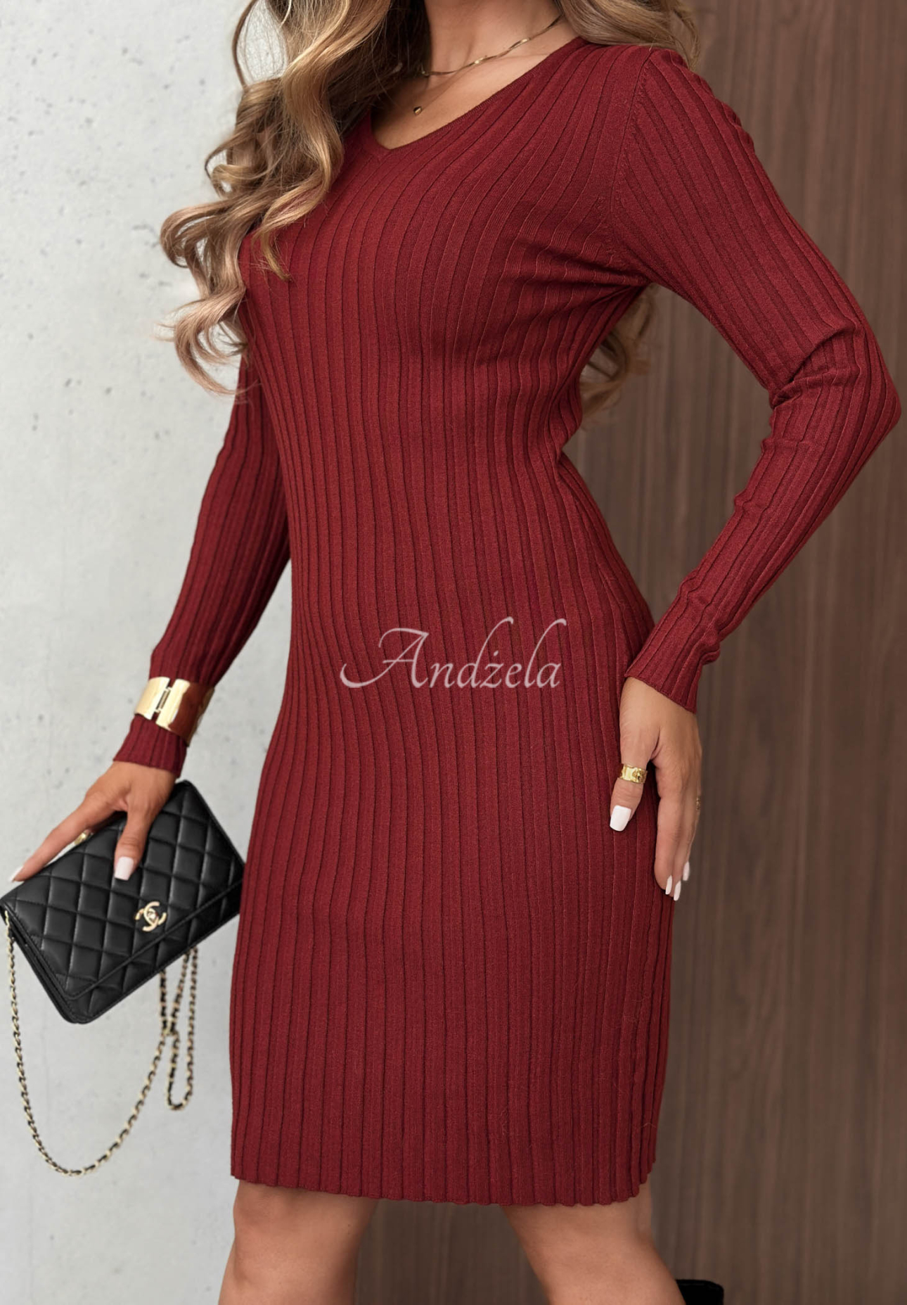 Rochie mini cu striații, din vâscoză, tip longsleeve, cu decolteu Lost Romance