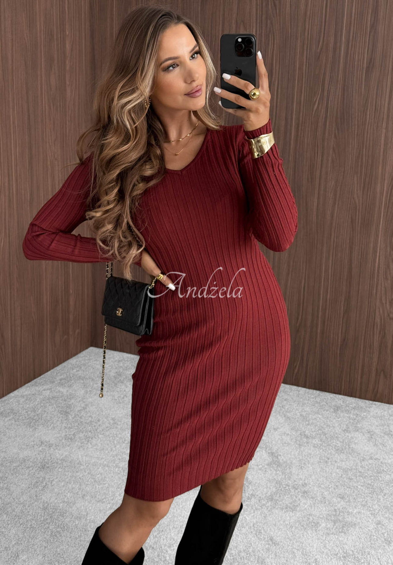 Rochie mini cu striații, din vâscoză, tip longsleeve, cu decolteu Lost Romance
