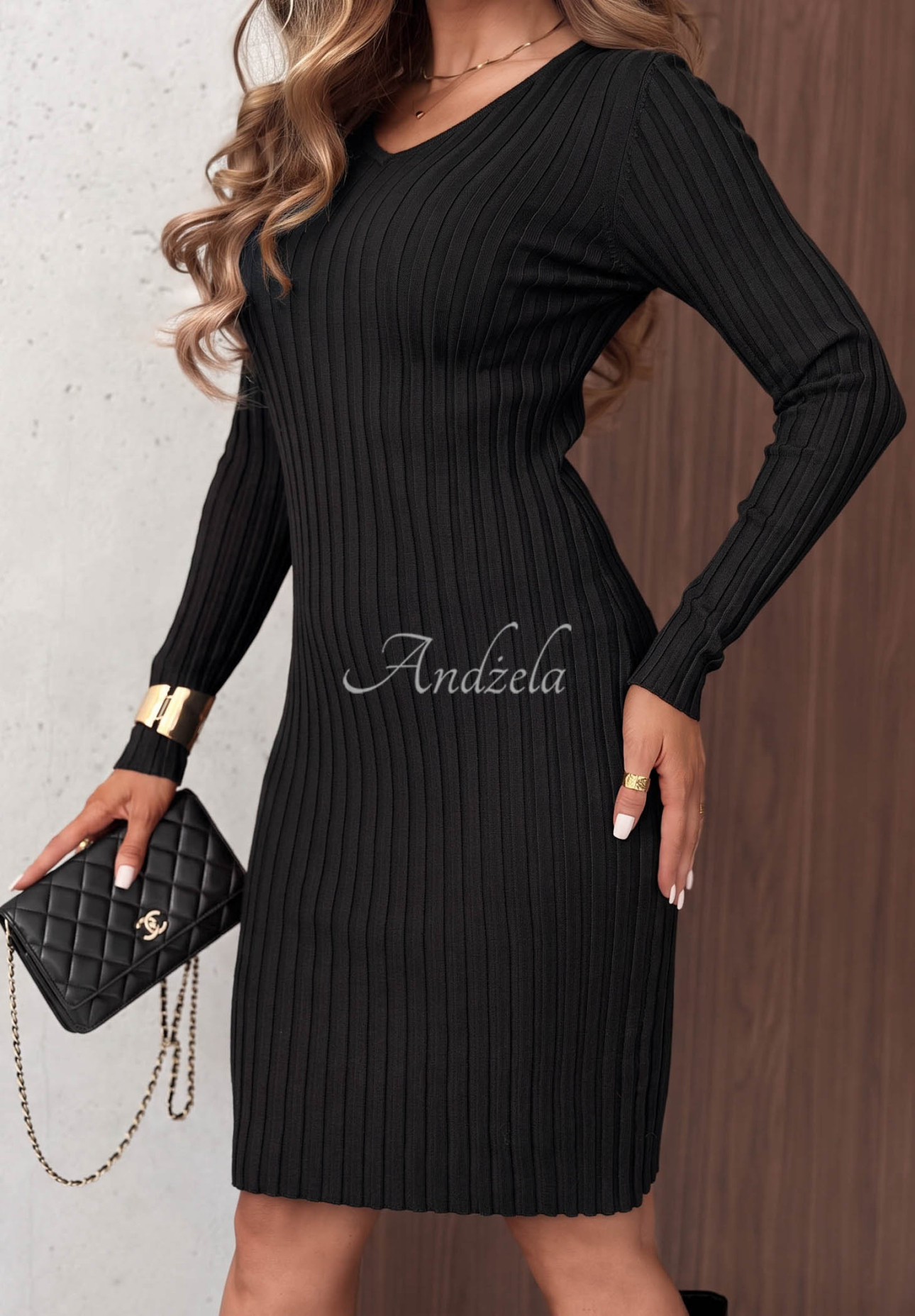 Rochie mini cu striații, din vâscoză, tip longsleeve, cu decolteu Lost Romance