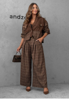 din material textil Pantaloni wide leg w kratę z paskiem Second Coffee ciocolatii
