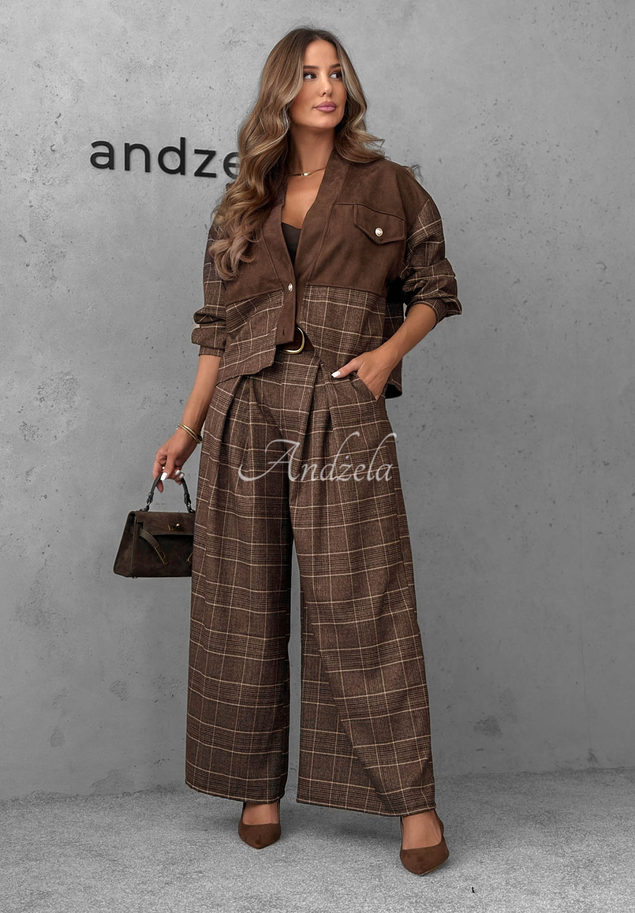 Pantaloni din material cu pliuri în carouri Second Coffee