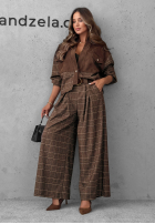 din material textil Pantaloni wide leg w kratę z paskiem Second Coffee ciocolatii