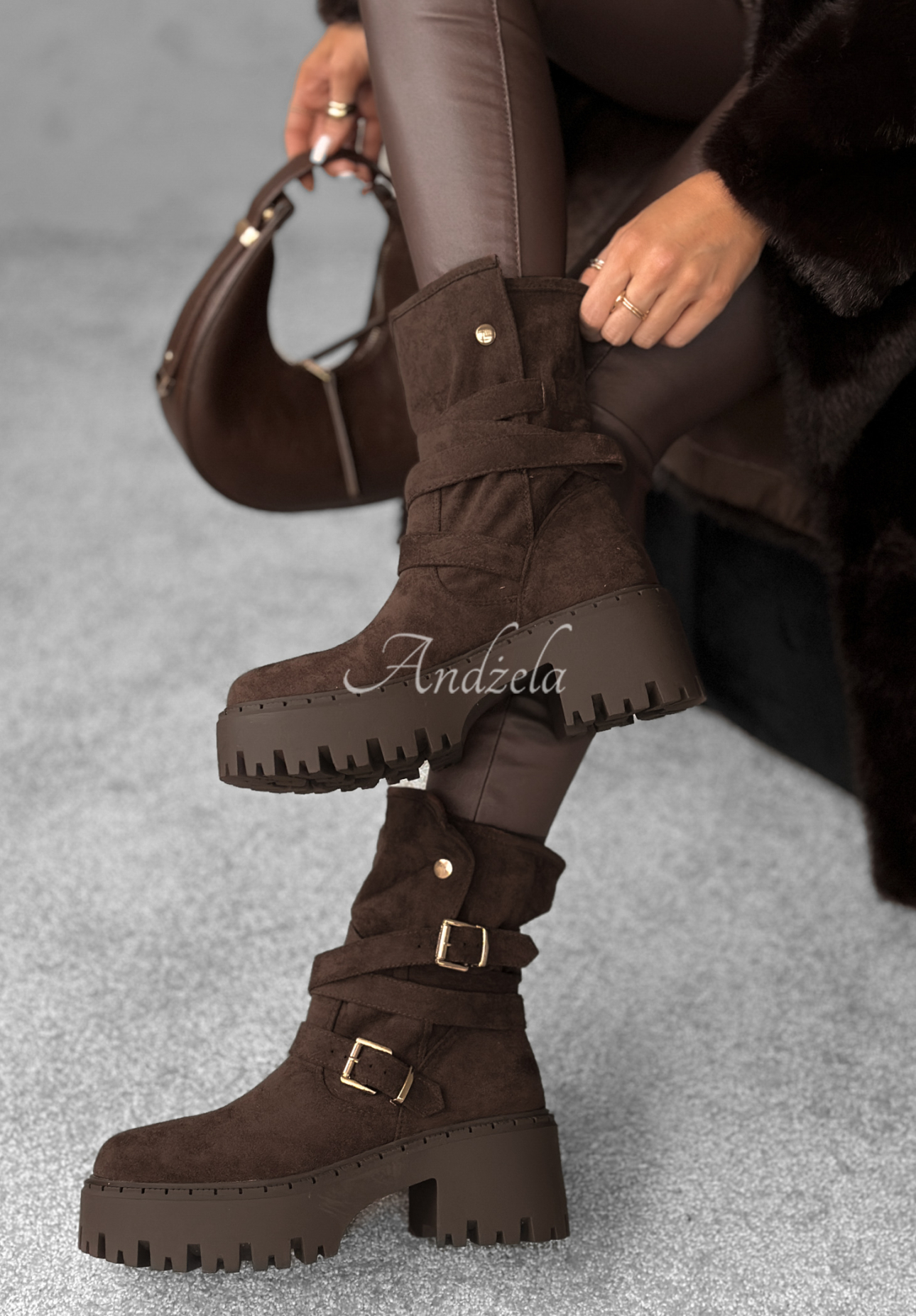 Botine din piele întoarsă cu catarame Warm Ember