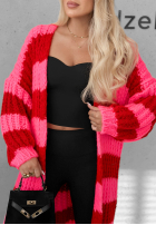 Długi Cardigan oversize z bufiastymi rękawami w paski October Charm niebiesko-ciocolatiu