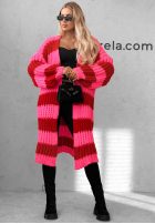 Długi Cardigan oversize z bufiastymi rękawami w paski October Charm niebiesko-ciocolatiu
