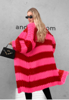 Długi Cardigan oversize z bufiastymi rękawami w paski October Charm niebiesko-ciocolatiu