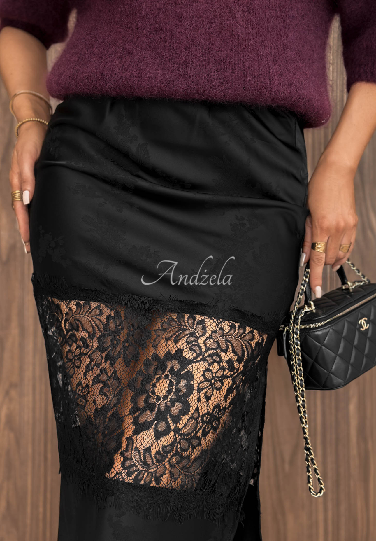 Fustă midi din satin cu dantelă Autumn Desire