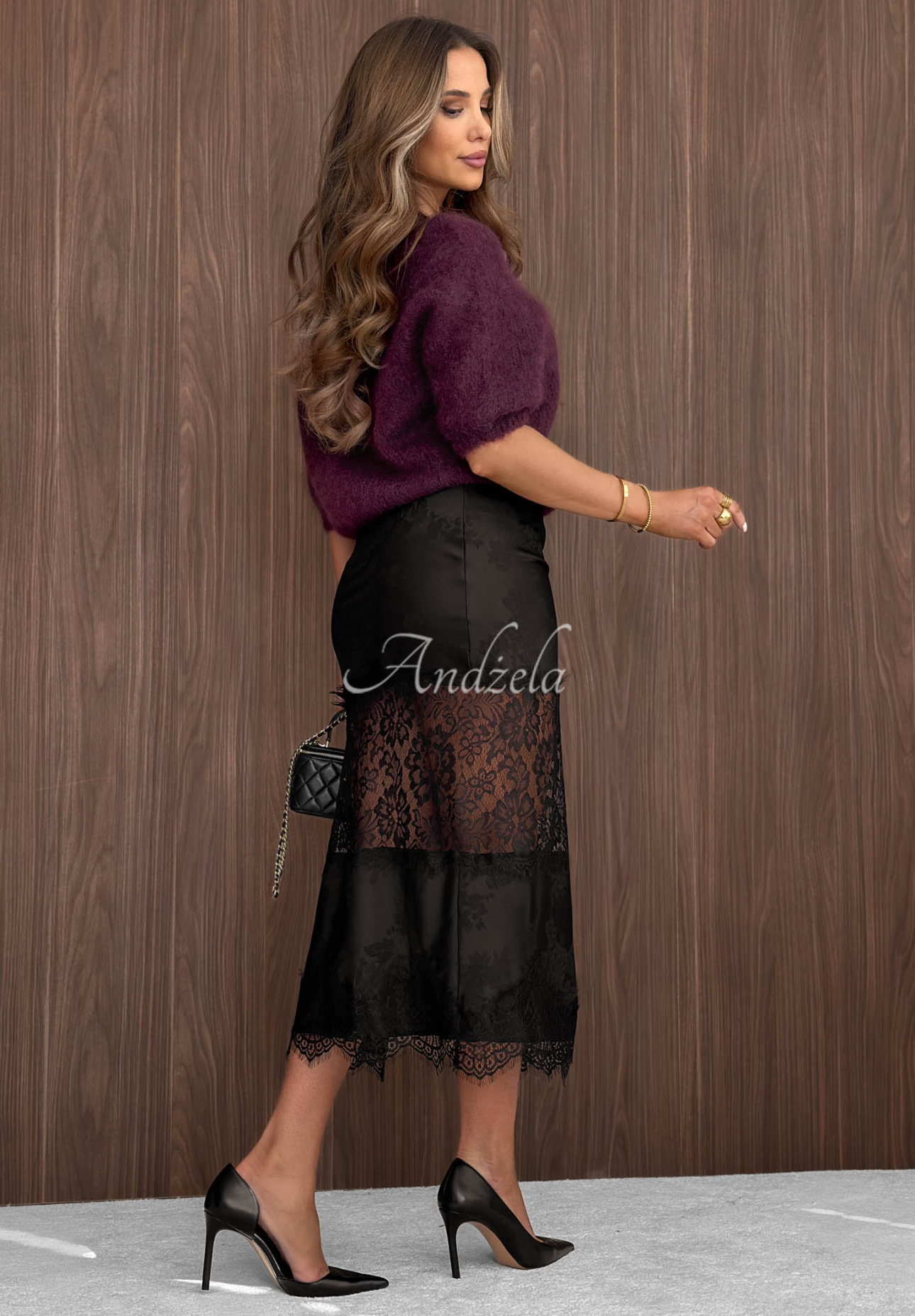 Fustă midi din satin cu dantelă Autumn Desire