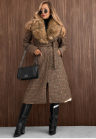 Długi Palton  w kratę z futerkiem i paskiem Miss Fall camel