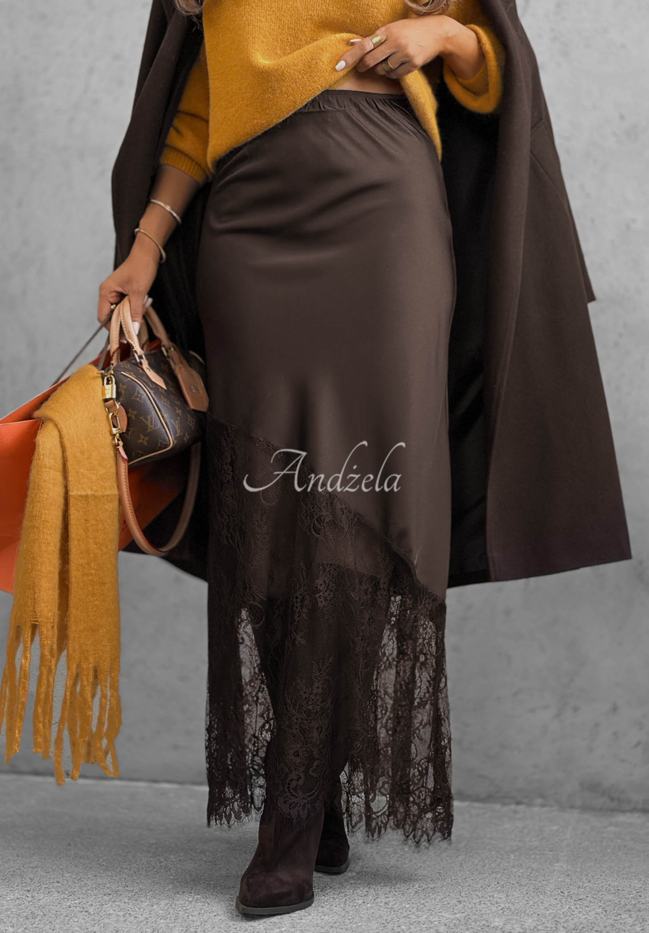 Fustă maxi din satin cu dantelă Velvet Kiss