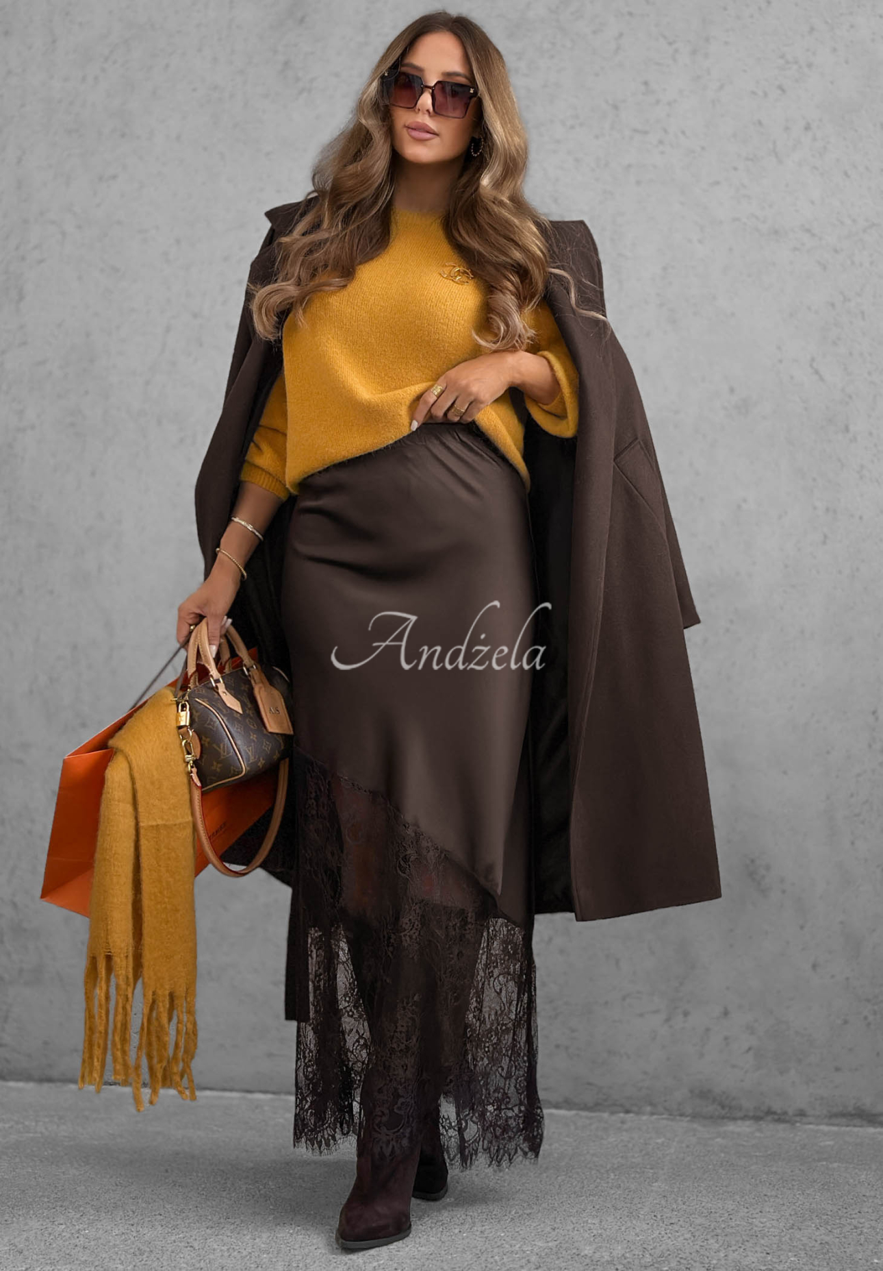 Fustă maxi din satin cu dantelă Velvet Kiss