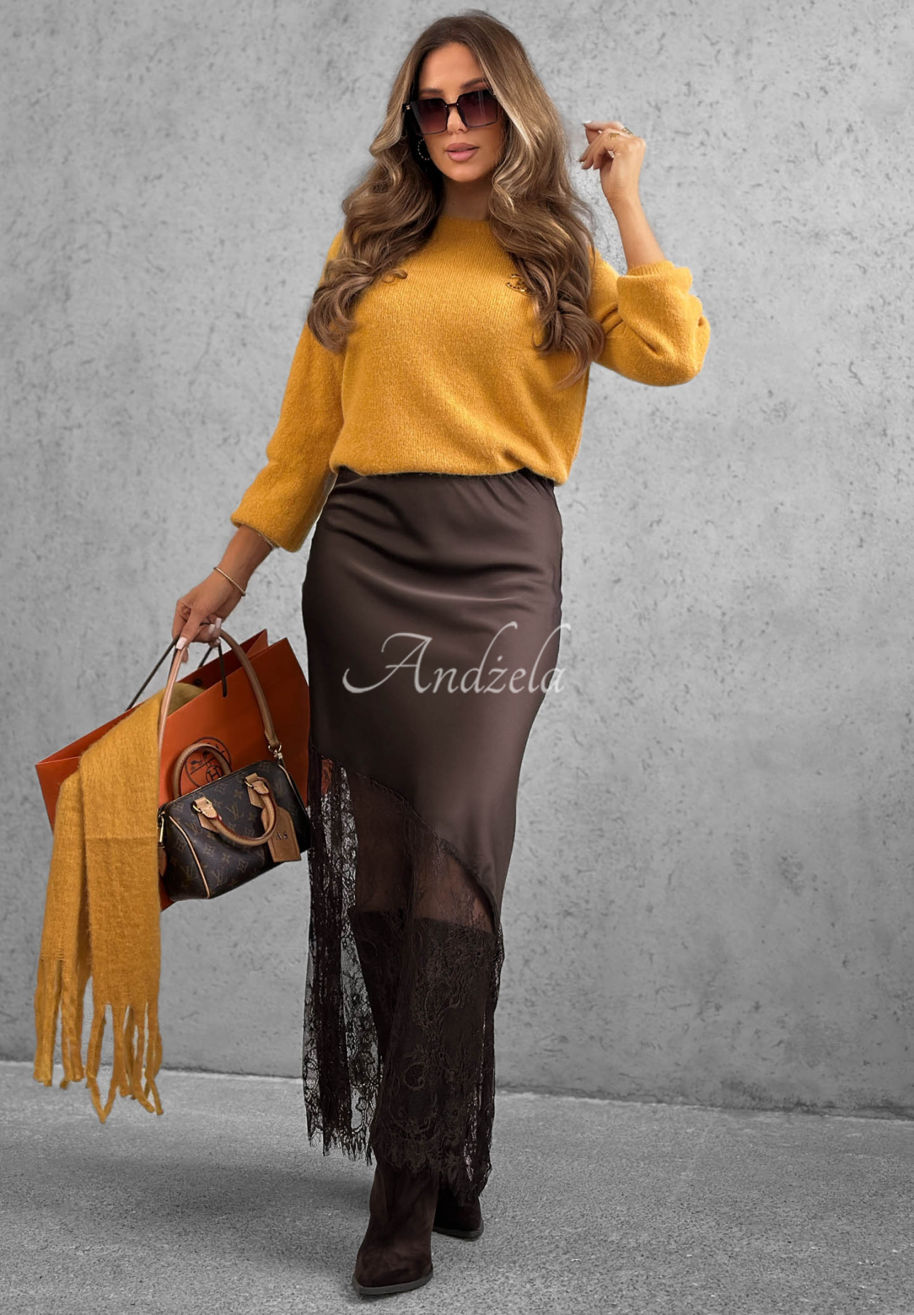Fustă maxi din satin cu dantelă Velvet Kiss