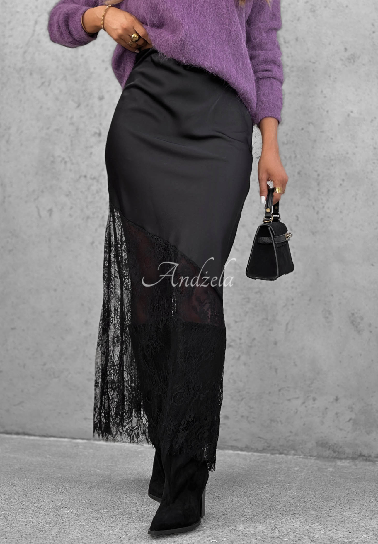 Fustă maxi din satin cu dantelă Velvet Kiss