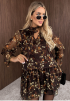 Kwiecista Rochie z falbankami Autumn Fantasy ciocolatie