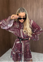 Wzorzysta Rochie mini z falbankami Autumn Memory burgundowa