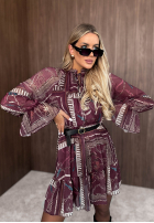 Wzorzysta Rochie mini z falbankami Autumn Memory burgundowa