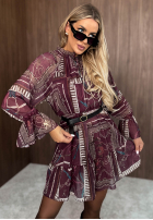 Wzorzysta Rochie mini z falbankami Autumn Memory burgundowa