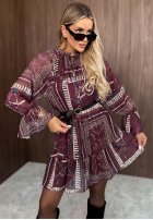 Wzorzysta Rochie mini z falbankami Autumn Memory burgundowa